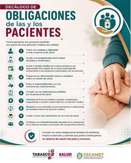 CECAMETTab's tweet photo. Tus acciones también son parte de una atención médica de calidad.
Conoce el Decálogo de Obligaciones de las y los pacientes. https://t.co/eMe0NcO9rg