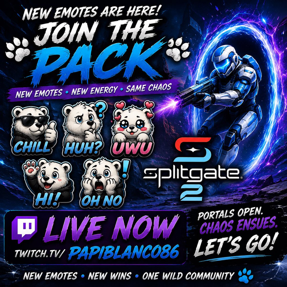 PapiBlancoMedia's tweet photo. 🚨 THE PACK GOT AN UPGRADE! 🐻‍❄️❄️

Tonight we’re putting them to work while jumping into Splitgate 2. Portals, chaos, and hopefully a few wins… but no promises. 

💜 LIVE NOW
🎮 Splitgate 2
🐻‍❄️ New Emotes
📍 https://t.co/jgzRrQtJKU

#Twitch #TwitchStreamer #Gaming #Streamer #Live https://t.co/tZ3MJm58En
