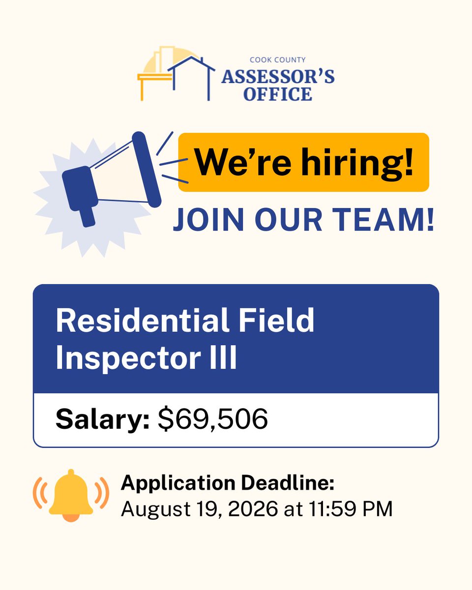 AssessorCook's tweet photo. We are hiring! Check out the available job opportunities:
▪️Residential Field Inspector III
▪️Residential Senior Field Inspector III
▪️Taxpayer Information Senior Specialist

View the full job description and apply today at https://t.co/ArXqmV2U8M. https://t.co/kTgNCVOSi9