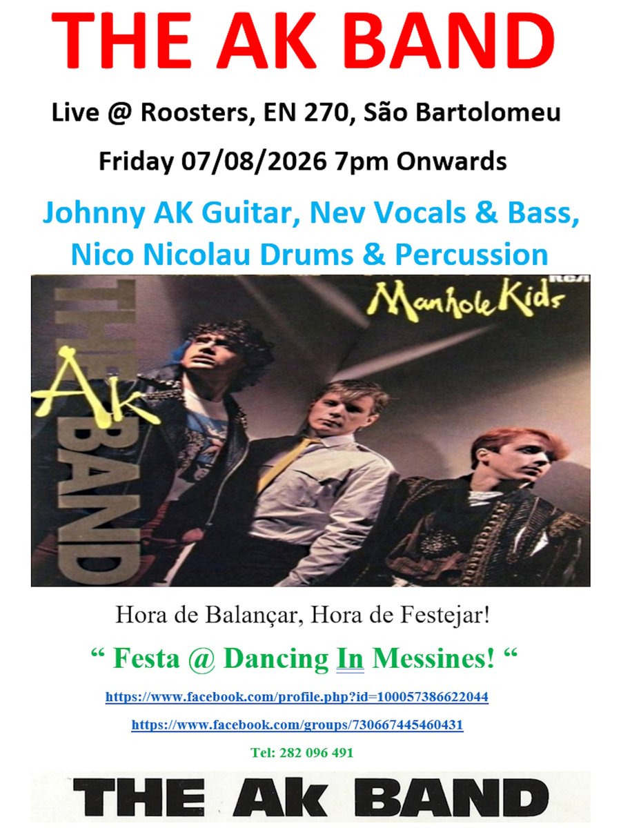AkBandThe's tweet photo. " C U Next Friday @ #Roosters Algarve, Portugal, Friday 7pm 07/08/2026 " #TheAKBand #Live Johnny, Nev, Nico, #TroubleTour 2026 (AK) [FBS] 🎶🎸🎸🤘🎸🎸🎶 https://t.co/PYdzY4eIxV