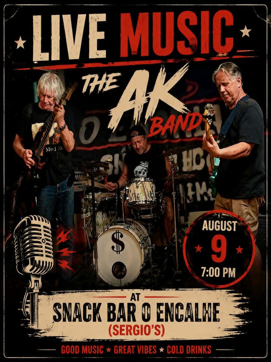 AkBandThe's tweet photo. " C U Next Sunday @ #Sergio's, Algarve, Portugal, Sunday 7pm 09/08/2026 " #TheAKBand #Live Johnny, Nev, Nico, #TroubleTour 2026 (AK) [FBS] 🎶🎸🎸🤘🎸🎸🎶 https://t.co/rtawHFYVBU
