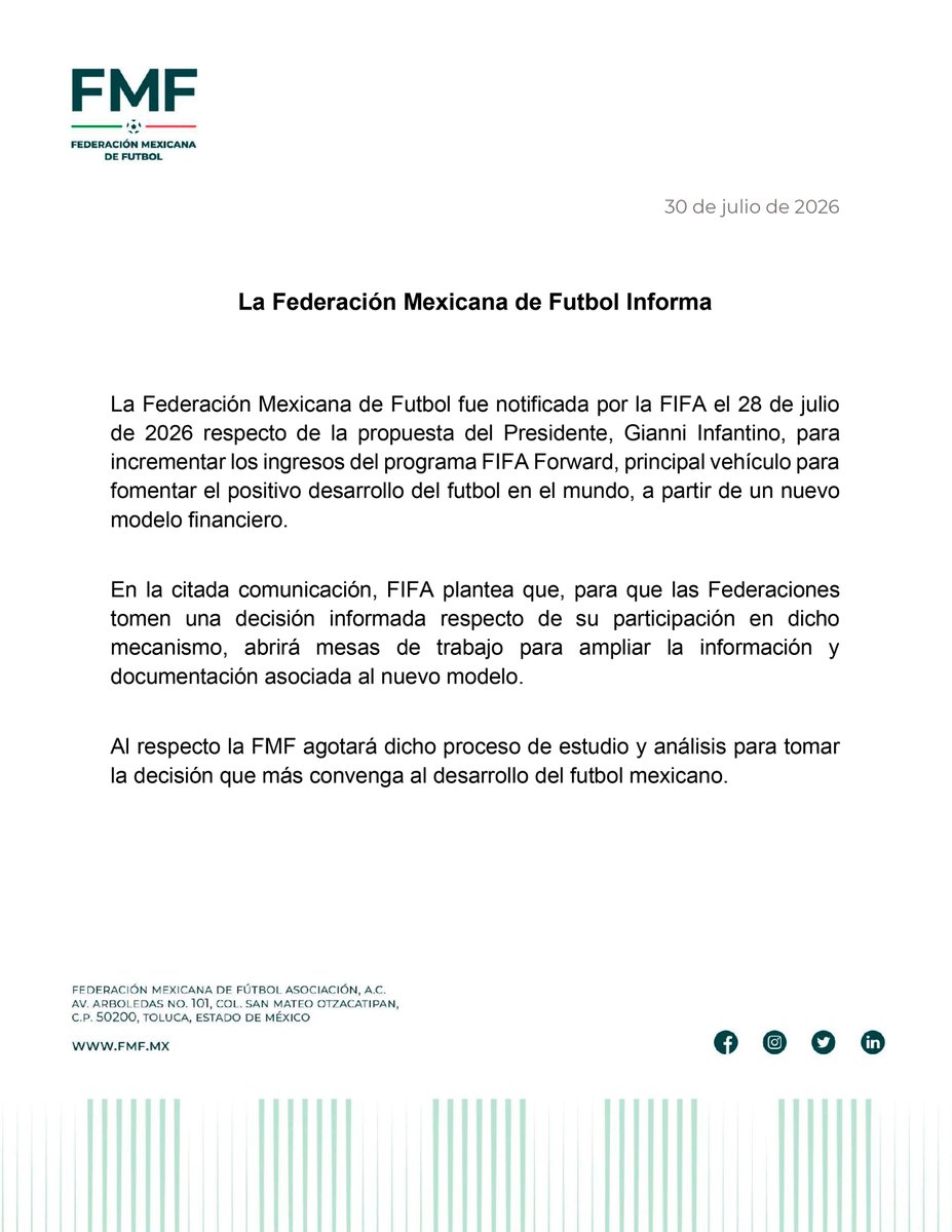 FMF's tweet photo. 🗒️ La Federación Mexicana de Futbol informa: https://t.co/vZMEZH9DDw