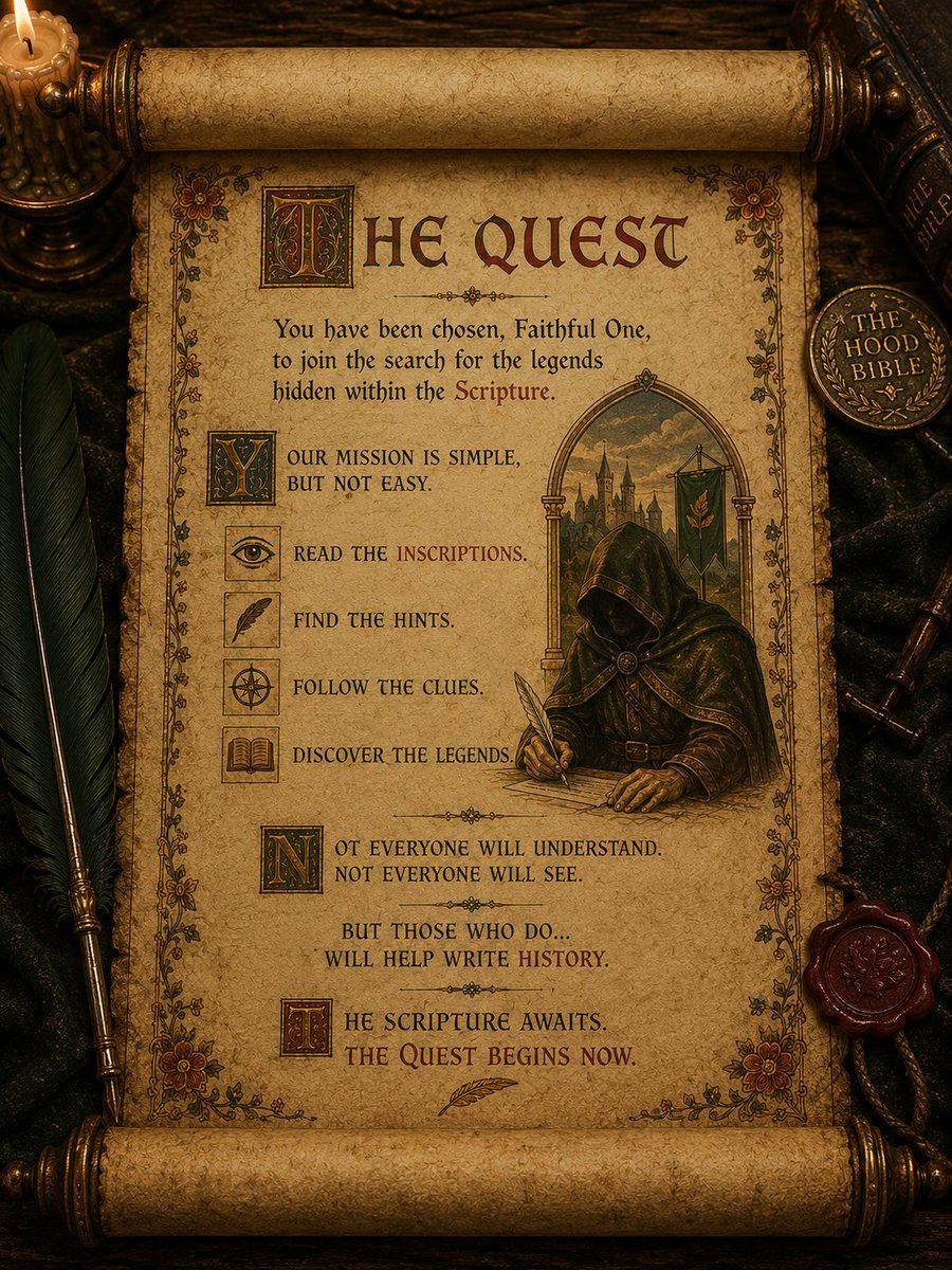 RHoodbible's tweet photo. For centuries, people believed
The Hood Bible was only a book.

They were wrong.

Every chapter
contains inscriptions.

Every inscription contains a clue.

Every clue
leads to a legend.

The Faithful
have one task.

Read carefully.

The Quest begins now. https://t.co/nAg3eDBzQZ