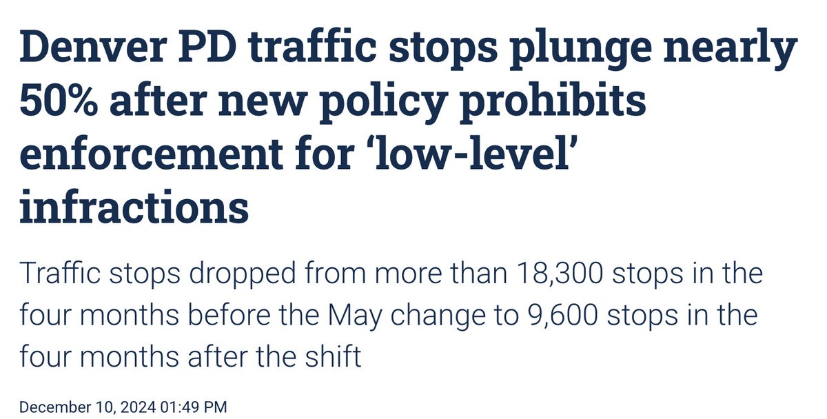 herandrews's tweet photo. Lots of cities have banned routine traffic enforcement for racial equity reasons, starting with Philadelphia in 2021.

According to the LAPD, 30% of so-called pretextual stops led to arrests for other offenses (drugs, weapons), but LA banned them anyway because 86% of those stopped were black or Hispanic.
