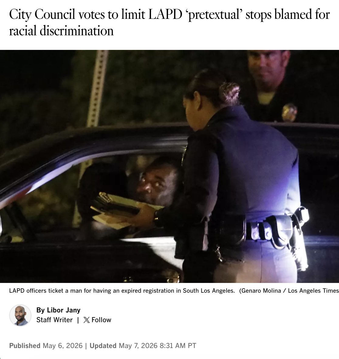 herandrews's tweet photo. Lots of cities have banned routine traffic enforcement for racial equity reasons, starting with Philadelphia in 2021.

According to the LAPD, 30% of so-called pretextual stops led to arrests for other offenses (drugs, weapons), but LA banned them anyway because 86% of those stopped were black or Hispanic.