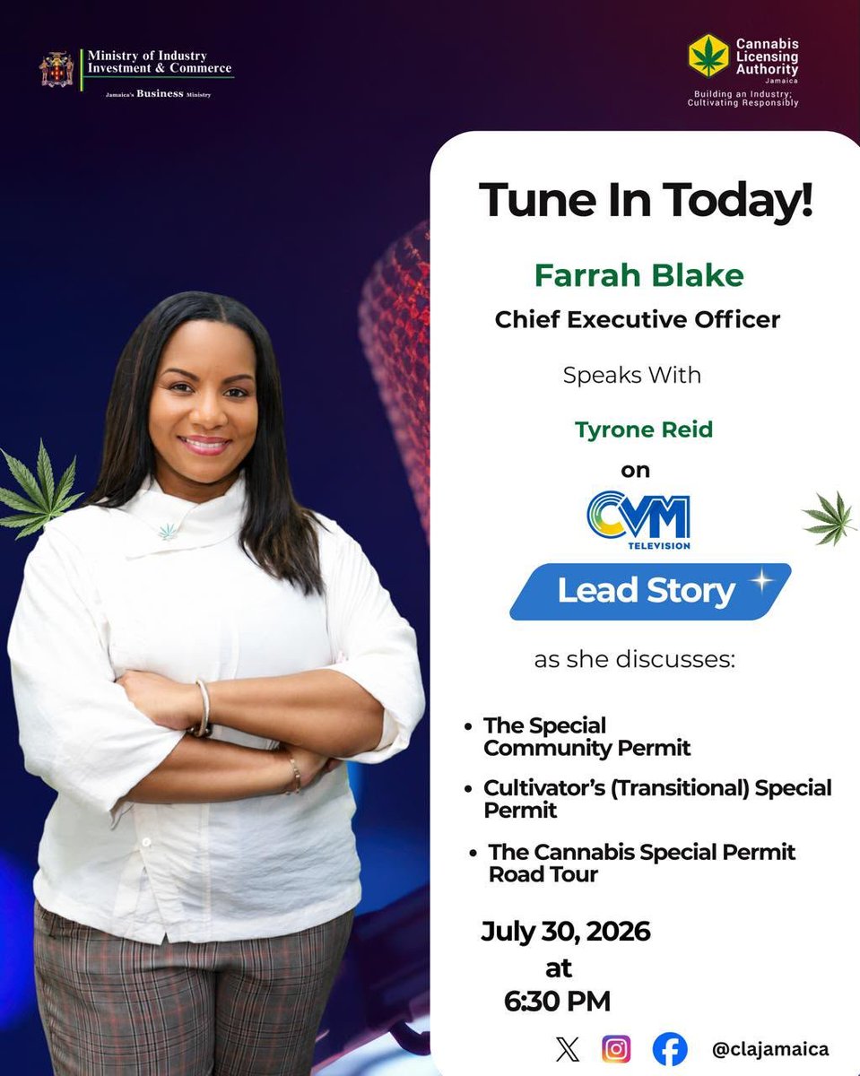 cla_jamaica's tweet photo. ๐ฅ Tune in to CVM TV Lead Stories at 6:30 p.m. to hear Chief Executive Officer Farrah Blake discuss the Cannabis Special Permit Programme and expanding opportunities for Jamaica's medicinal cannabis sector.
#CLAOnTheGo #LeadStories #MedicinalCannabis https://t.co/2rsZuI9ppw