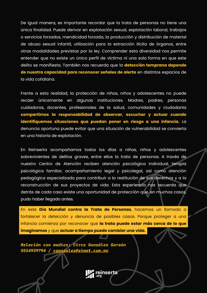 Reinserta's tweet photo. 📣La trata puede comenzar con un engaño, una promesa o alguien que parece de confianza. Detectar las señales a tiempo puede cambiar la vida de nuestras infancias. En este #DíaMundialContraLaTrataDePersonas, hagamos de la prevención y la denuncia una responsabilidad compartida. https://t.co/MCf0iKmMeq