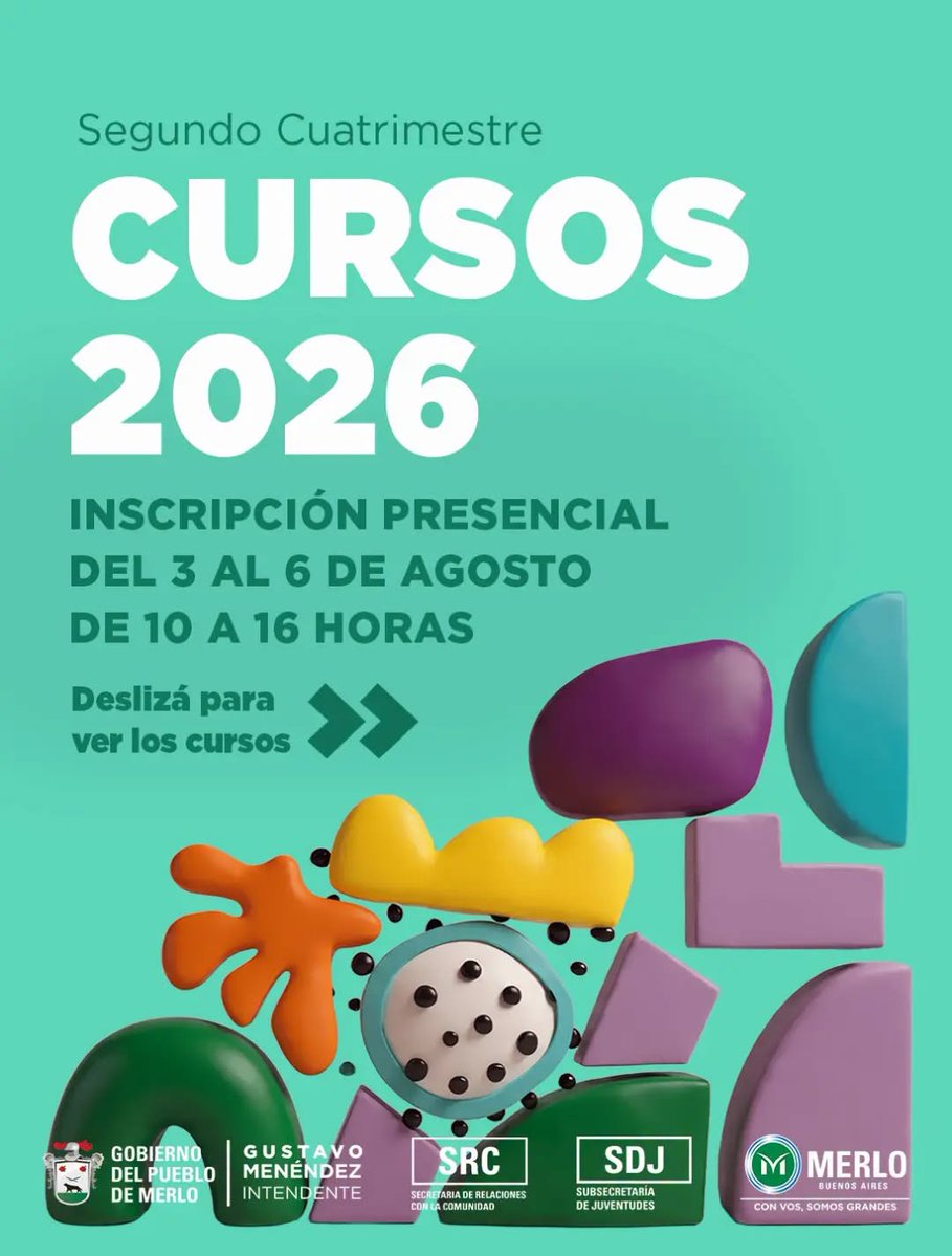MerloGob's tweet photo. Inscribite a los cursos de la Subsecretaría de Juventudes ✍
✅ Comienzan las inscripciones al segundo cuatrimestre 👉 Capacitate de forma gratuita en las casas de juventudes de #Merlo
• Seguinos para no perderte ninguna actividad
#MerloGob
#GustavoMenéndezIntendente https://t.co/dwromYogRw