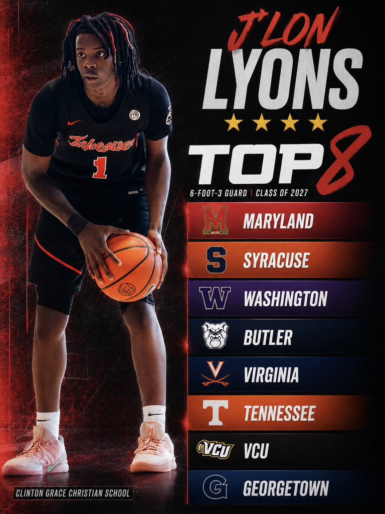 KayserHoops's tweet photo. NEWS: 2027 Top-50 prospect J’Lon Lyons is down to eight schools, he told @LeagueRDY:

Maryland
Syracuse
Tennessee
Virginia
Butler
Georgetown
VCU
Washington

The 6-foot-3 guard and four-star recruit is ranked #42 overall in the @SCNext 100. https://t.co/OrYLnabw4i