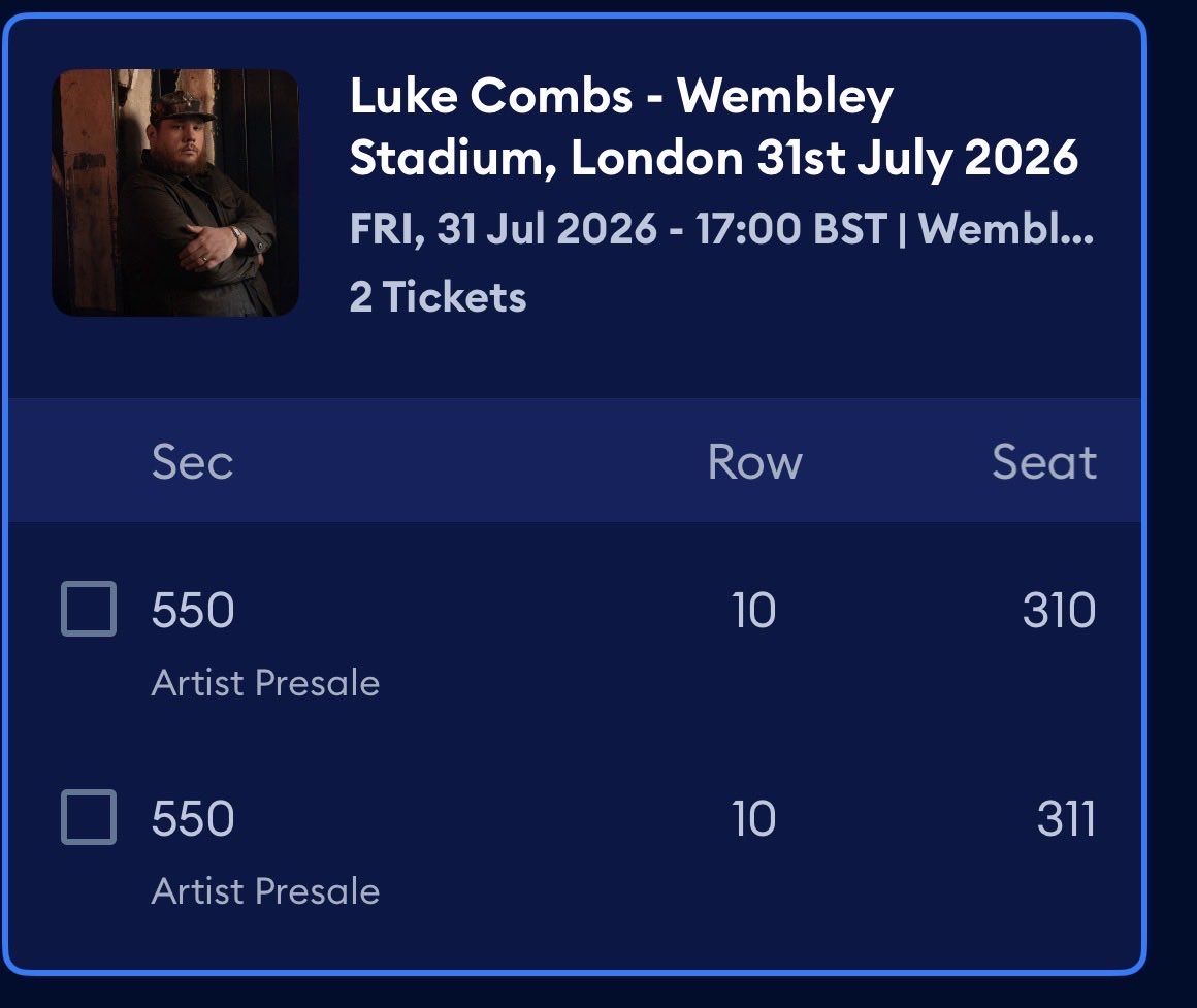 lucemiles_'s tweet photo. For sale #LukeCombsTickets #wembley https://t.co/HvaGowCkiu