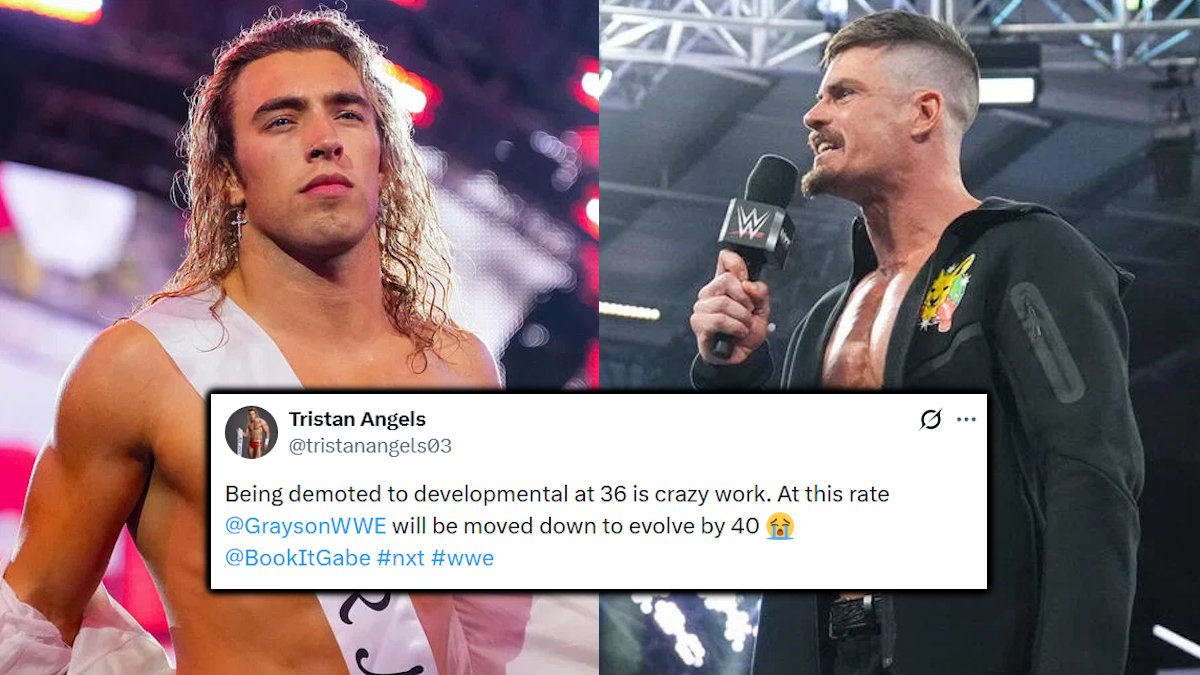 WrestleTalk_TV's tweet photo. WWE NXT star Tristan Angels fires back at Grayson Waller criticizing the NXT men's roster 👀

"Being demoted to developmental at 36 is crazy work. At this rate Grayson will be moved down to Evolve by 40 😭"