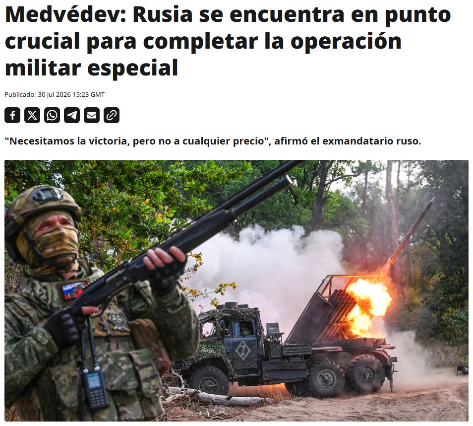 ActualidadRT's tweet photo. 🇷🇺 Rusia se encuentra en un punto crucial para completar la operación militar especial, afirmó Dmitri Medvédev

"Realmente nos encontramos ahora en un punto muy importante para completar la operación militar especial", declaró. https://t.co/sMhpb88cLV