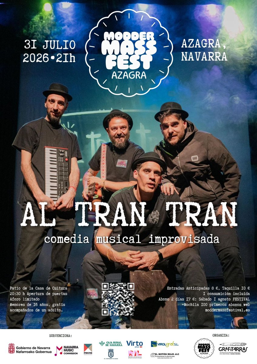 moddermass's tweet photo. 🎭 Mañana llega @AlTranTranImpro 

Humor improvisado, música..lo que ocurra en Azagra solo sucederá una vez.

🗓️ Mañana · 🕘 21:15 h
📍 Patio de la Casa de Cultura

🎟️ Entradas en el Estanco de Azagra o en:

https://t.co/OQB0npIIqm

💚 ¡Empieza @moddermass … y las risas también! https://t.co/MBX89qh2zv