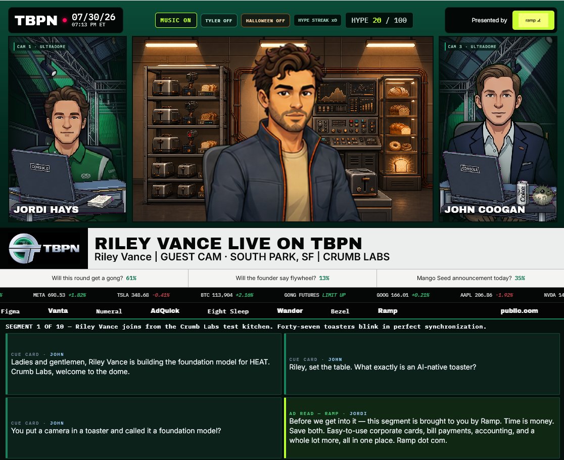 TrippCarolan's tweet photo. Made a @tbpn Simulator. Play as @johncoogan @jordihays or even @tylercosgrove and work the guest and read ads until you get to ring the gong.

A bit of a love letter to the show that has dominated my commute for over a year and a half. https://t.co/XTXWD9VU6h