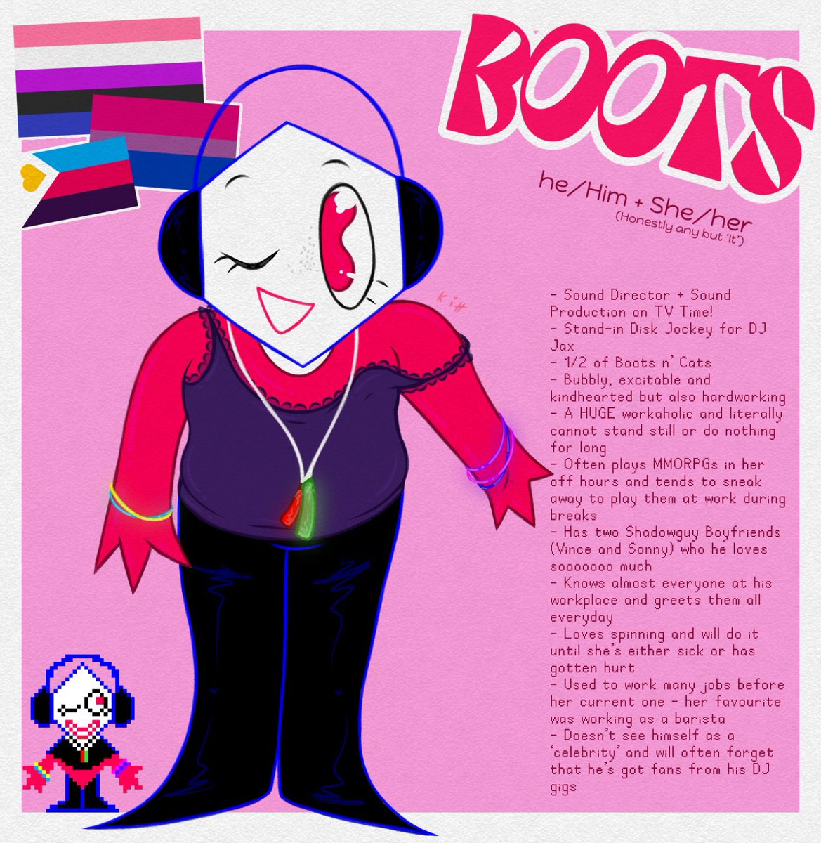 OfficialBootsXP's tweet photo. // OOC

Main - @No1PippinsFan 

Hayo!! this is Boots! He works on the music for ‘TV Time!’ as well as freelance DJ work for an unknown music label! She’s loud and very enthusiastic (and can teeter on annoying) and wants to befriend everyone she sees!!

Refs + other pieces of her: https://t.co/vHEK2k32a4