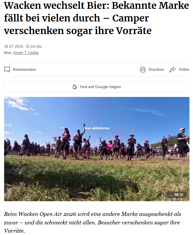 PeterBorbe's tweet photo. In Wacken gibt es dieses Jahr ein neues Bier: Letztes Jahr wurde noch Krombacher serviert, 2026 gibt es das "Bud" von Anheuser-Busch. Anscheinend haben die Amerikaner den #Wacken-Organisatoren einen tollen Deal angeboten. Vielleicht liegt es aber auch daran, dass das Festival inzwischen mehrheitlich einer Tochterfirma des US-Finanzinvestors KKR gehört.
Trotzdem stellt sich die Frage, wieso auf einem der wichtigsten Festivals im Bierland Deutschland amerikanisches Bier ausgeschenkt wird. Während alle paar Wochen eine deutsche Brauerei in die Pleite geht.
https://t.co/qiYAW2cTjF