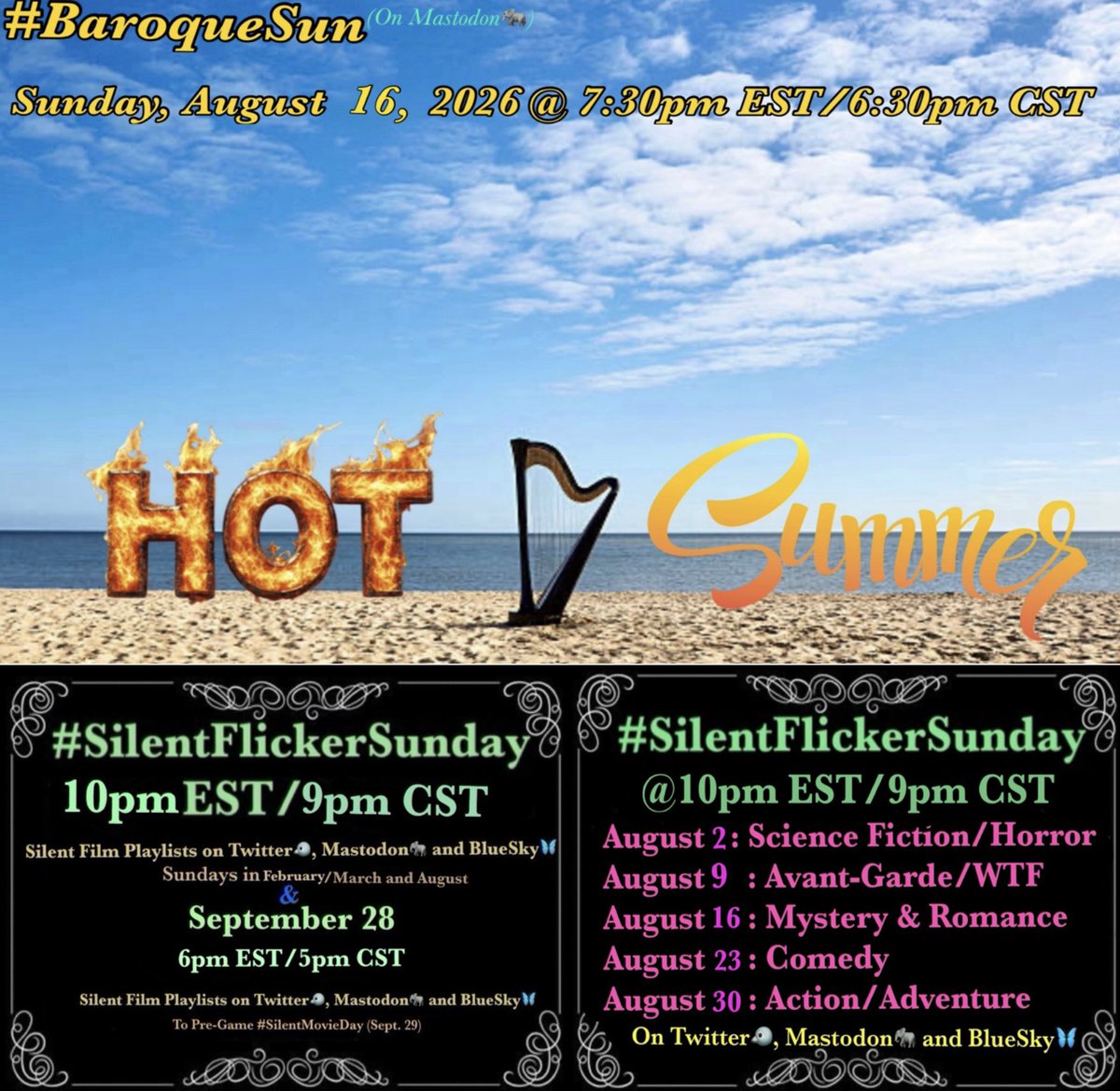 analgesicsleep's tweet photo. Just a head’s up here’s what’s in store for #LaEsoterica, #MusComEnt #RetroView, #SatMat AND #SilentFlickerSunday in August + I’m guest hosting #BaroqueSun on the 16th & #SymSat on the 22nd
#horror #scifi #BackToSchool #SummerVibes #SilentFilm #Caturday https://t.co/p6vQoJl0m1