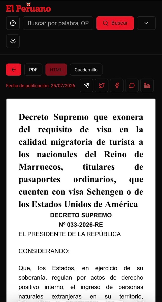 jhanfranck's tweet photo. 🚨 URGENTE🚨

Esta imagen 👇 que publicó @PulmonDeSusan7 es cierta.

Hace 5 días, antes que se vaya Balcazar, el gobierno publicó en el peruano la disposición de que a partir de setiembre NO se pedirá visas a marroquís que tengan visa americana o visa schengen.

El peligro es que España está REGALANDO la visa Schengen a los marroquís y otros musulmanes  y esos mismos podrán venir a América sin ningún requisito.

@KEIKOFUJIMORI y @cancilleriaperu deben de INMEDIATO derogar ese decreto.

CC @DerechaPeru @rfrazzo @marthamoyano @MarthaChavezC @cconstantini @carlossp @alvarosarco @Liberfach0 @FEyALiancismo @GianlucaAL27 @Harold_Bello @AlejoMunante @JorgeUgarteofi @MgKmLk @miki_torres @luchogalarreta @NormaYarrowL @rosangellabr @TonsOfMillions
