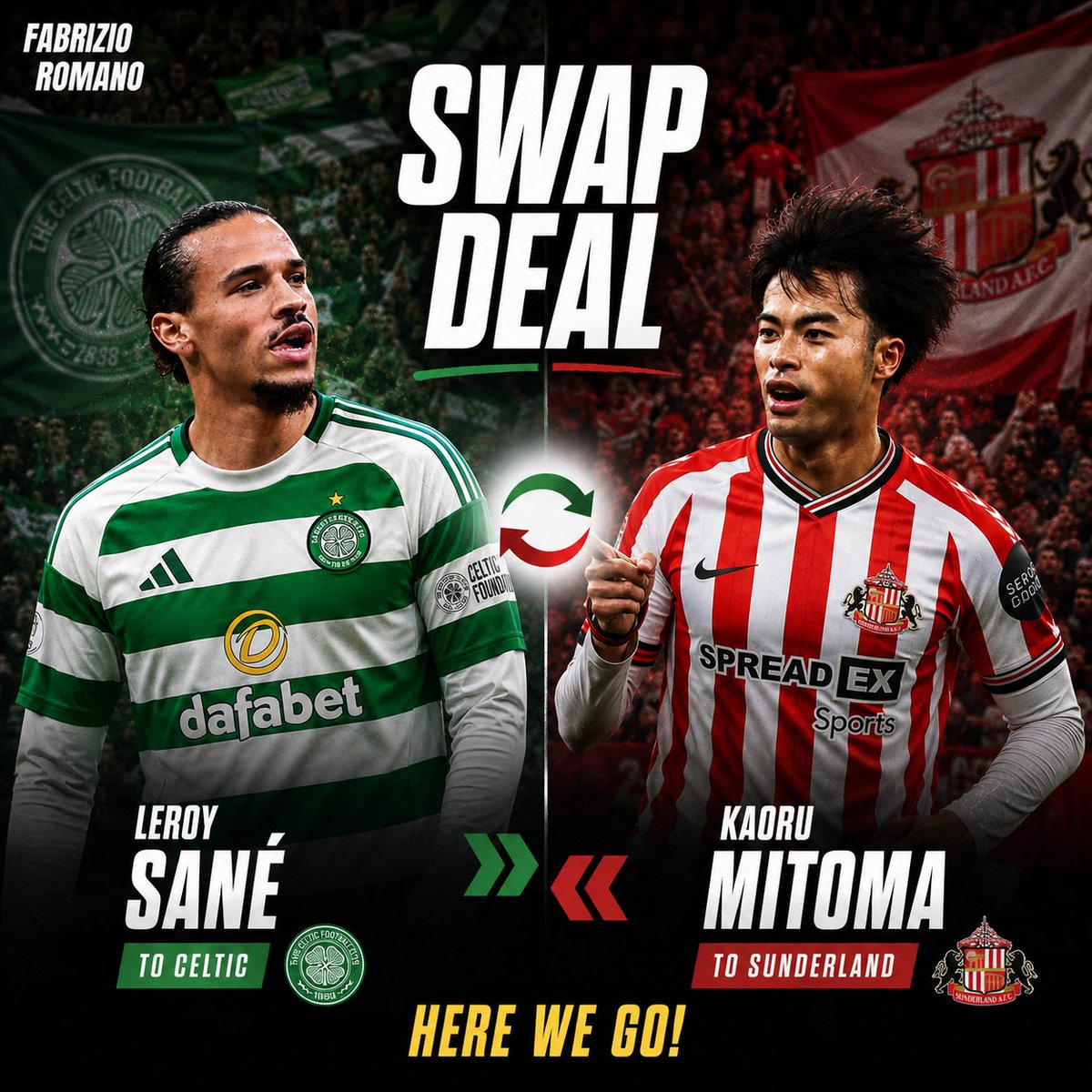 NotFabrizio_AG's tweet photo. 🚨 Understand @_MPato90 and ShaunC92 have completed a straight swap deal involving Kaoru Mitoma and Leroy Sané. 

Both clubs believe the move improves their squads. Understand Mitoma fell out with Patoninety in recent weeks. 

Here we go! 🔄🤝 https://t.co/yBwTMPHm3Y