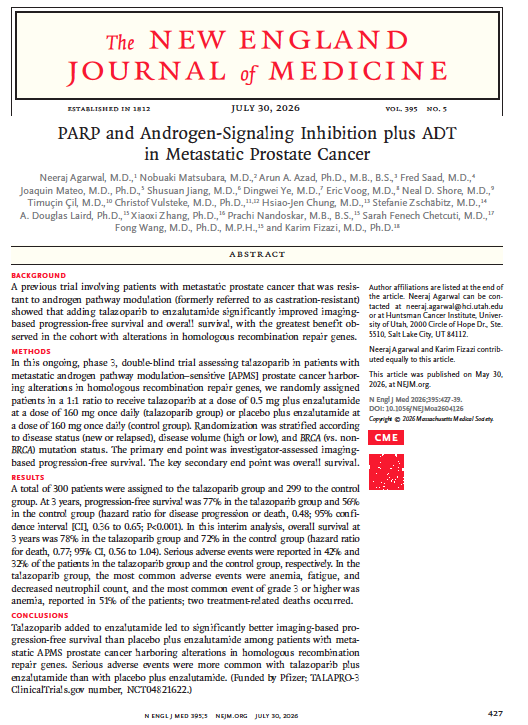 Adam_Weiner535's tweet photo. 🚨 PARP-i in metastatic hormone-sensitive #ProstateCancer🚨

📜#TALAPRO3 out in @NEJM 

In HRR-altered mHSPC, adding talazoparib to enzalutamide + ADT:

✅ Reduced risk of progression/death by 52% (HR 0.48)
📈 3-year rPFS: 77% vs 56%
⏳ OS trend favors combination (HR 0.77), but immature.
⚠️ More anemia (Grade ≥3: 51%).

👉Potential new standard for a biomarker-selected population

@neerajaiims @urotoday @renalandurology @UrologyTimes @UroOnc @SUO_YUO @PCFnews 

🔗https://t.co/YXCiIWPwqg