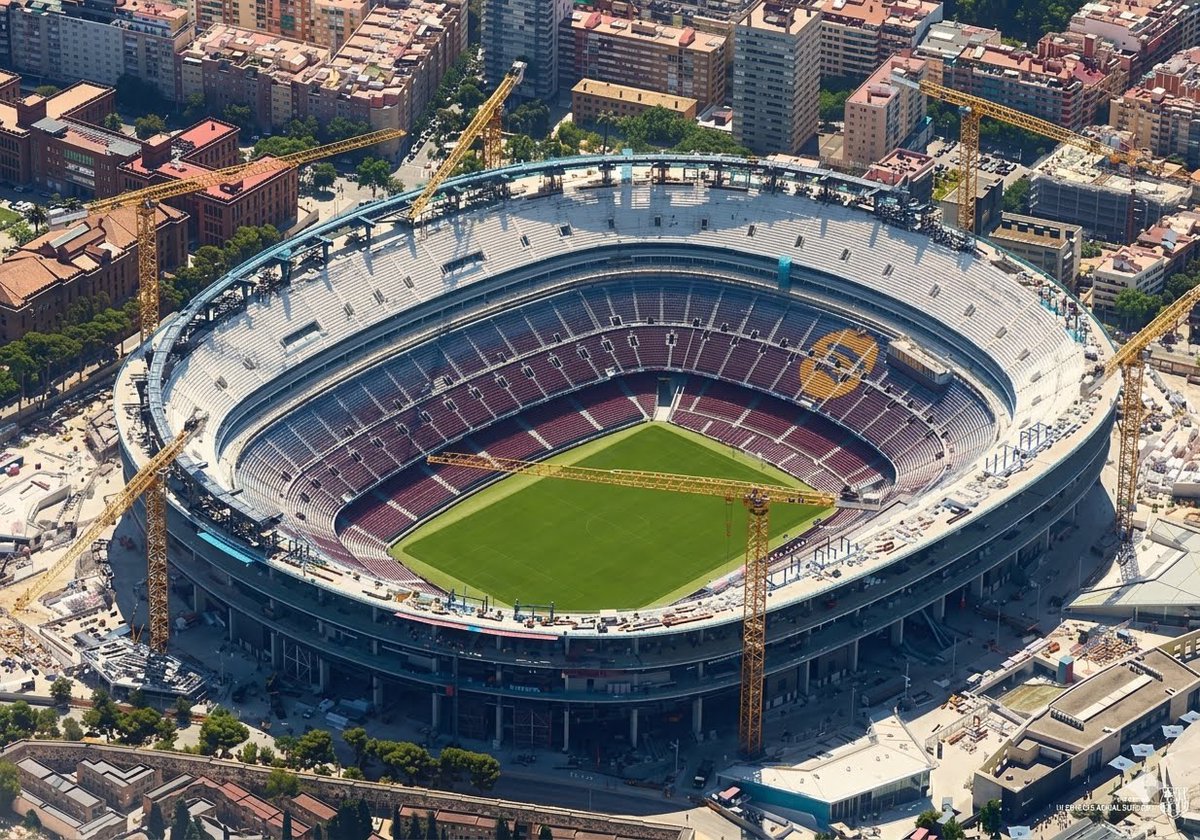 MXESTADIOS's tweet photo. El Camp Nou de Barcelona.
Va quedando enorme, pero las obras se retrasaron por la muerte de un trabajador.
Se han retomado los trabajos y se espera que por ahí de mayo pudiera darse el reestreno a toda la obra, ya con el tercer anillo y la cubierta completa.

Tendrá capacidad para 105 mil espectadores y será el más grande de Europa.