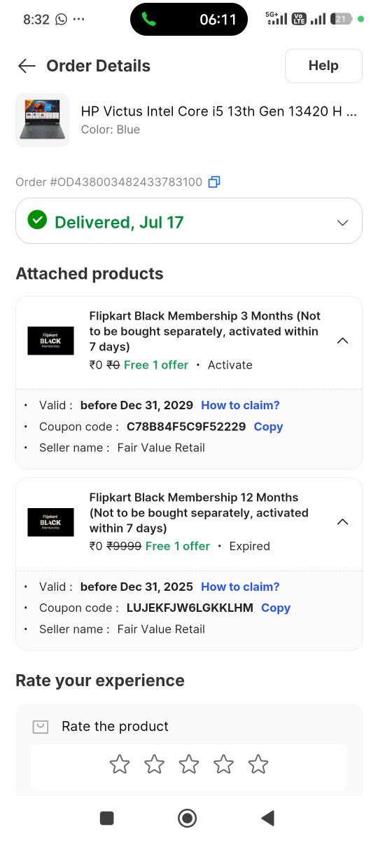 saini247's tweet photo. @Flipkart This is disappointing. FREE 1-Yr Flipkart Black Membership offered with my HP Victus laptop came with an already expired coupon code. C. Care has failed to resolve it despite repeated follow-ups. Pls honor the offer &amp; issue a valid code.
@Flipkart @flipkartsupport https://t.co/oxGO0aBXvM