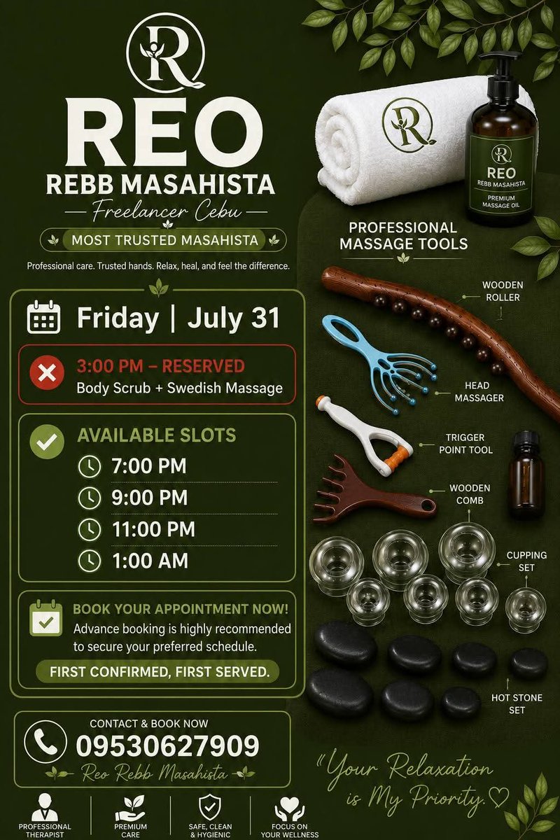 CebuMasahi's tweet photo. Friday slots are filling fast! Reserve your preferred time today and experience premium relaxation. 
#ReoRebbMasahista #FreelancerCebu #CebuMassage #SwedishMassage #BodyScrub #TrustedMasahista #BookNow #RelaxAndRecharge https://t.co/aa8pwNJxj6