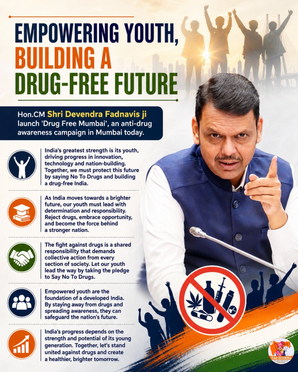 KARMA_0036's tweet photo. A drug-free future begins with informed choices and responsible action. Together, let's empower our youth to reject drugs, embrace opportunities, and build a stronger, healthier India.

@Dev_Fadnavis
#DevendraFadnavis #TeamDevendra  #DrugFreeMumbai 
#SayNoToDrugs 
#EmpowerYouth https://t.co/Rdq95Xh6vo
