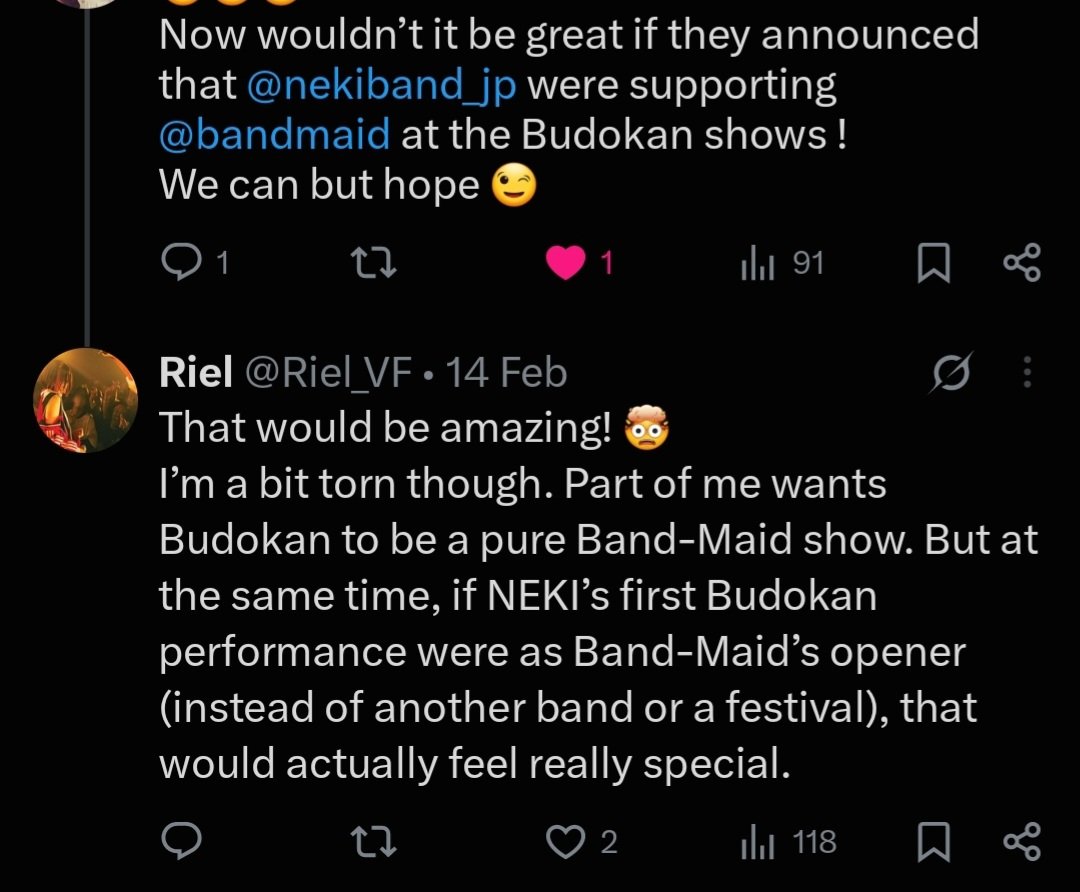 Riel_VF's tweet photo. @NotenkeyYo1961 I had similar sentiments about this months ago. BAND-MAID inviting NEKI as the opening act says a lot about the kind of senpais they are. These two Budokan shows are the long-awaited revenge they've been working toward for years, but they still chose to share it with another band https://t.co/US3I8h2RYR