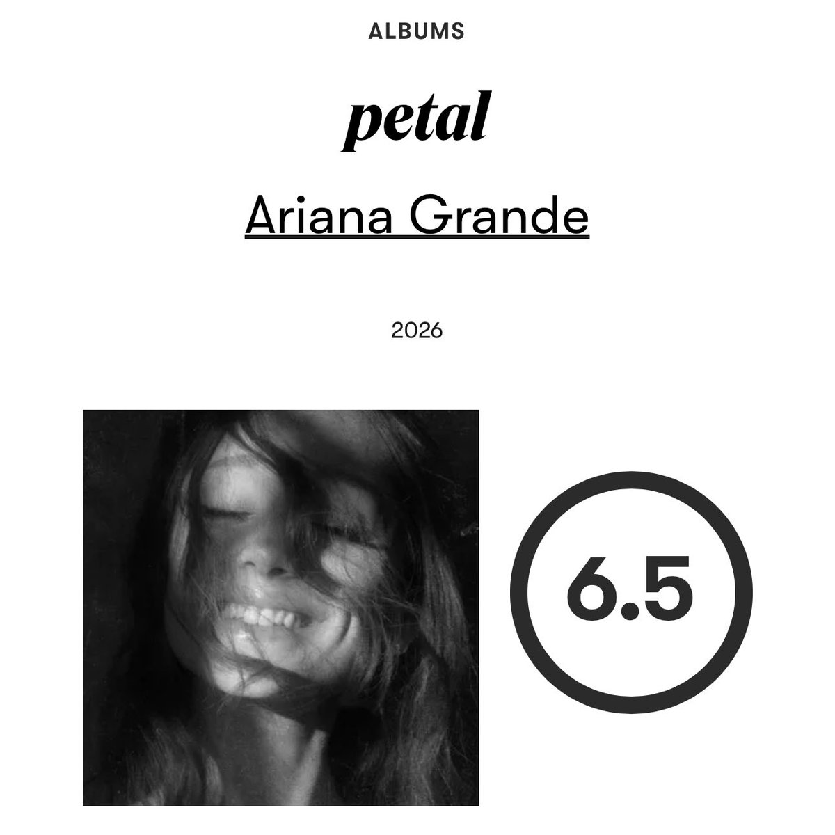 HitsAndCharts's tweet photo. Pitchfork rates Ariana Grande’s new album ‘petal’ 6.5 https://t.co/VMyHHdOPLw