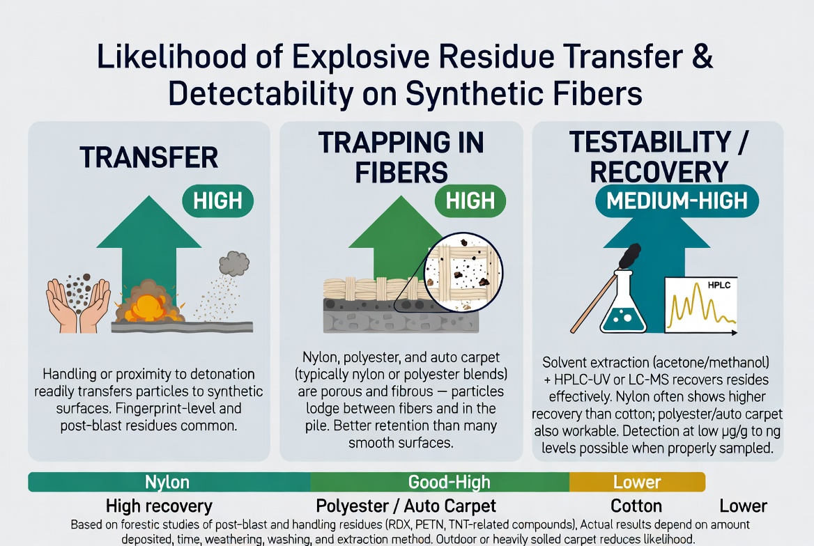 jonaaronbray's tweet photo. "Residues of military/high explosives (e.g., RDX, PETN, TNT-related compounds) have been detected on fabric after detonations or simulated post-blast conditions. One HPLC study recovered RDX at low concentrations (around 3–4 μg/g) from nylon and cotton cloth exposed in post-blast scenarios; recovery varied strongly by fabric type (better from nylon than cotton; none from denim in that work)."