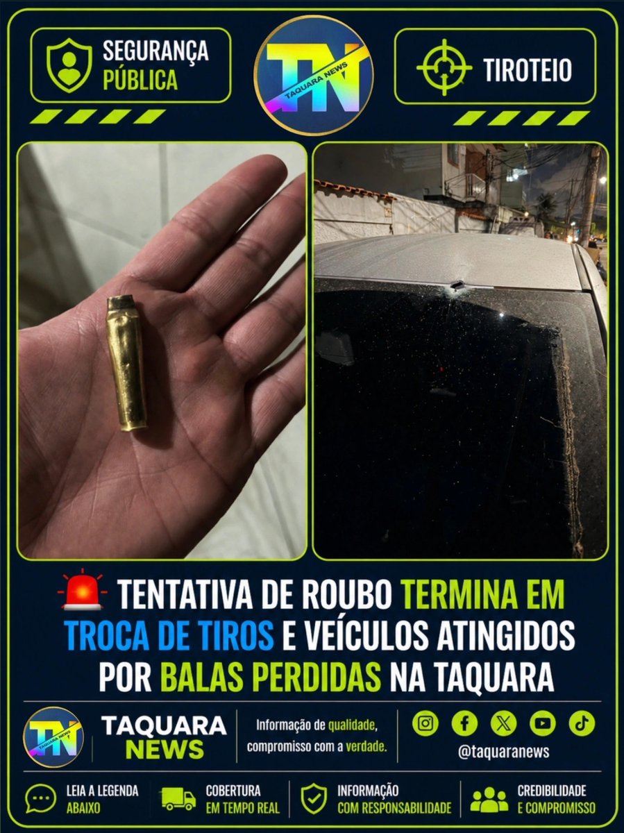 taquararjnews's tweet photo. 🚨 TENTATIVA DE ROUBO TERMINA EM TROCA DE TIROS E VEÍCULOS ATINGIDOS POR BALAS PERDIDAS NA TAQUARA

Os taquarenses não tem um dia de paz! No fim da noite desta quinta-feira, houve um tiroteio na Estrada do Engenho Velho, na altura da Igreja Favos de Mel, próximo a rua dos Biógrafos, na Taquara.

Segundo relato de moradores, meliantes estavam roubando um veículo no local, quando eles deram de cara com uma viatura da 18° BPM (Jacarepaguá), iniciando uma intensa troca de tiros.

Vários carros que estavam estacionados em uma calçada próxima onde ocorreu a ação foram atingidos por balas perdidas. Graças a Deus, não havia ninguém dentro dos veículos. A situação causou pânico e medo de centenas de moradores locais, que estão cansados de tanta insegurança no bairro.

Ainda não há informações do desfecho do caso e se houve prisões, apreensões ou feridos durante a troca de tiros. Aguardamos novos detalhes!