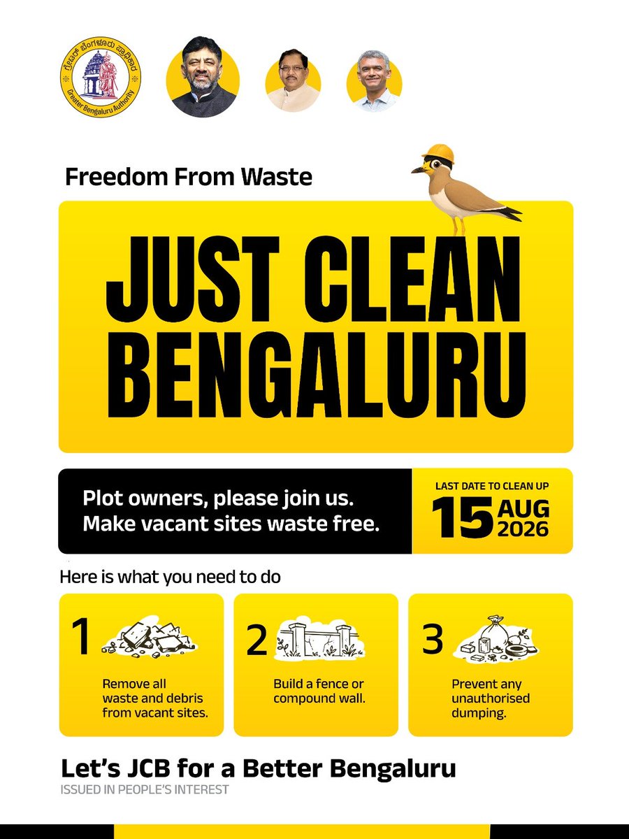 krishnabgowda's tweet photo. Let’s JCB together for a Better Bengaluru.

This August, we begin Freedom from Waste - a citywide mission to eliminate waste, restore public spaces and build lasting civic pride.

While GBA and its partner agencies clean our public spaces, we urge citizens to clean their vacant sites.

A cleaner Bengaluru is a shared responsibility.

#FreedomFromWaste #JustCleanBengaluru