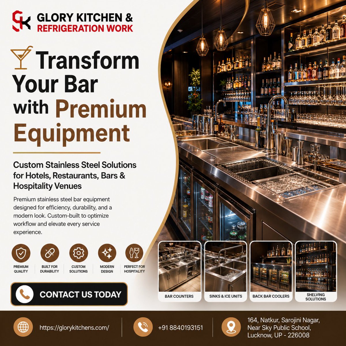 glorykitchen_'s tweet photo. 🍸 Transform your bar with premium stainless steel equipment!

✔ Custom Bar Counters
✔ Back Bar Coolers
✔ Ice Units &amp; Sinks
✔ Hospitality Solutions
Built for style, durability &amp; performance.

🌐 https://t.co/WbU4gZHAJY
📞 +91 8840193151
#BarEquipment #Restaurant #Hotel https://t.co/zbyt9due7J