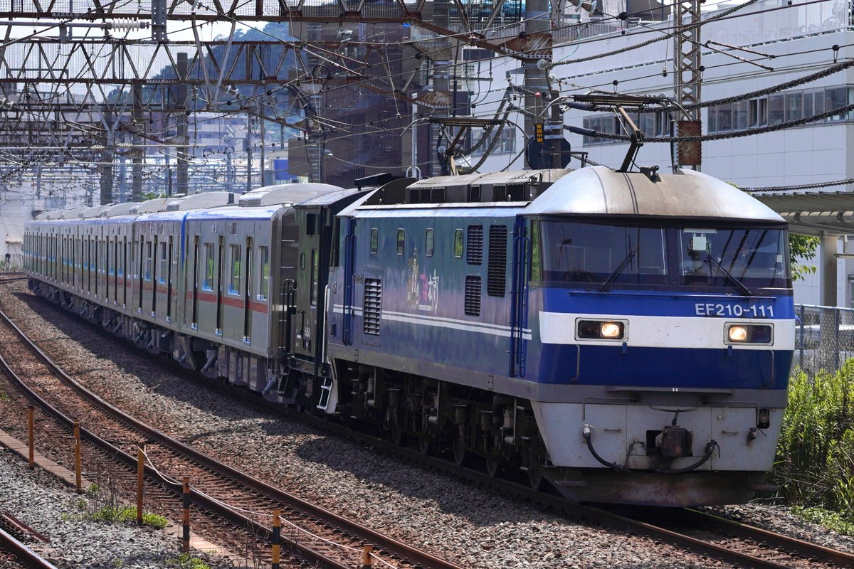 MoHaE216_2045's tweet photo. 7/31　京成3200形  3224F､3228F　日本車両新製出場甲種輸送
甲48  東海甲9　  豊川→蘇我 (京葉市原)
9864レ　静岡貨物→新鶴見  　EF210-111＋ヨ8450＋EC 8B
撮影 : 国府津、大船 https://t.co/FvDwFpbtRY