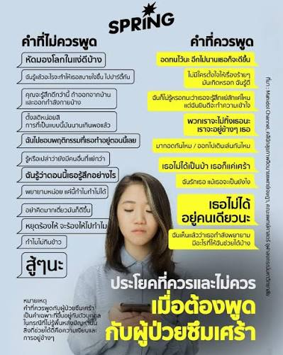 PlatooSpace's tweet photo. ส่วนตัวคิดว่า อยู่ที่ใครพูด กับ อยู่ที่ตัวคนฟังมากกว่า

เพราะอะไรถึงคิดแบบนี้ เมียผมเป็นไบโพลาร์หาหมอทุกเดือน.. ผมขออ้างอิงจากในรูป เคยคุยแบบจริงจังกับเมียแล้ว ว่าคำไหนต้องห้ามสำหรับการเชียร์อัพบ้าง

สำหรับเมียผมนะ ไม่มี! ทุกคำใช้ได้หมดรวมทั้ง "สู้ ๆ นะ" "นั่งสมาธิบ้าง" ด้วย เพราะเมียผมเข้าใจเจตนาของคนที่พูด ว่าเขาต้องการจะสื่ออะไร เขาเลยเข้าใจมากกว่า 

สุดท้ายแล้วผมก็คิดว่าเรื่องพวกนี้อยู่ที่เจตนา อยู่ที่ใครเป็นคนพูด แต่!! ถ้าให้เลือกคำพูดได้ ผมแนะนำว่าควรใช้เป็นคำพูดที่แสดงออกไปว่าเราอยู่เคียงข้างเขาเสมอ หันมาก็จะเจอเราได้เสมอ พยายามทำให้คนที่ต้องการกำลังใจรู้ว่าเราอยู่ข้าง ๆ เขา แบบนี้คิดว่าดีที่สุดสำหรับผม