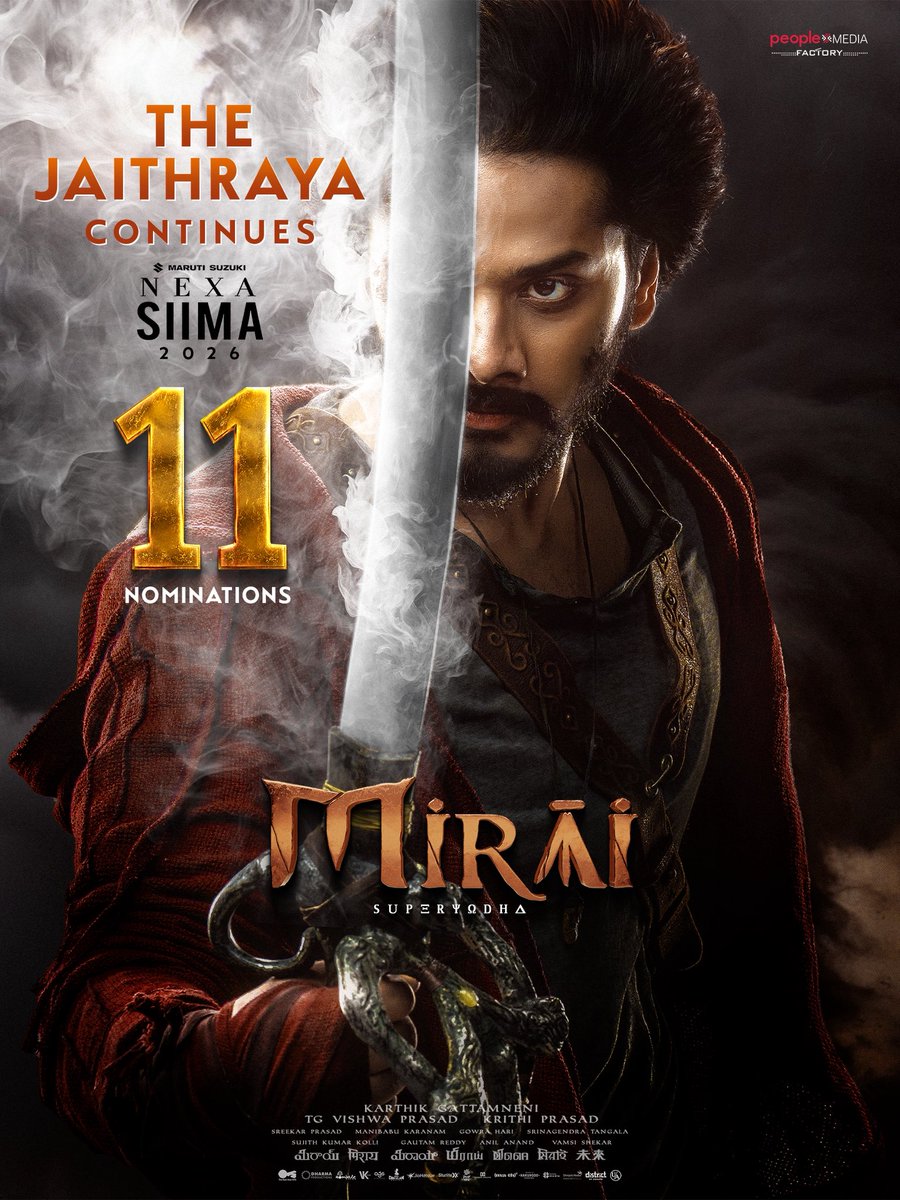 peoplemediafcy's tweet photo. THE GLORY OF MIRAI CONTINUES 🔥

#MIRAI stands as the most nominated Telugu film at the SIIMA 2026 Awards with 11 NOMINATIONS ❤️‍🔥

Superhero @tejasajja123
Rocking Star @HeroManoj1 
@Karthik_gatta @RitikaNayak_ @vishwaprasadtg #KrithiPrasad @peoplemediafcy @GowrahariK @IamJagguBhai @manibkaranam @Srinagendra_Art @sujithkolli