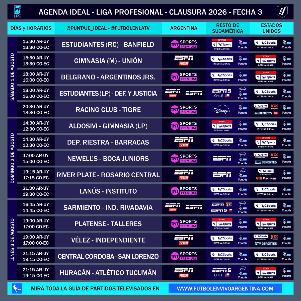 Puntaje_Ideal's tweet photo. ⚽ #AgendaIdeal 🇦🇷 | Este sábado comienza la fecha 3 del #TorneoClausura2026 de la LPF.

➡️ Liberados (ESPN): Estudiantes (LP) - Defensa y Justicia; y Sarmiento - Independiente Rivadavia.

📌 Mirá toda la guía de partidos televisados en Argentina 🇦🇷 en https://t.co/xJP9PFFjZX https://t.co/XaU7yAyFoJ