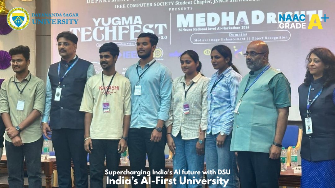 DSUBangalore's tweet photo. Dayananda Sagar University congratulates CSE students on winning the 1st Consolation Prize at the MedhaDrishti National-Level AI Hackathon (Yugma TechFest 2.0, JNNCE Shimoga).
Supercharging India's AI future with DSU. India's AI-First University.
#DSU #AIHackathon https://t.co/rt93U3pfcO