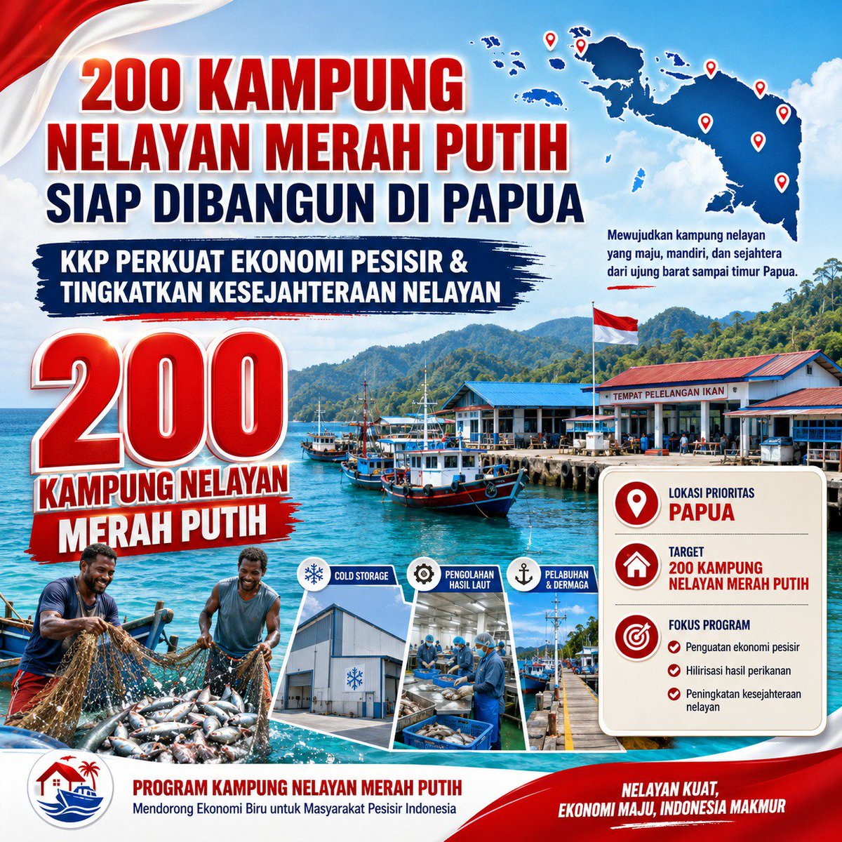 barvitone's tweet photo. Kawasan pesisir Papua kini punya wajah baru berkat investasi KKP di program KNMP #KampungNelayanMerahPutih https://t.co/3xmZNA6v3d