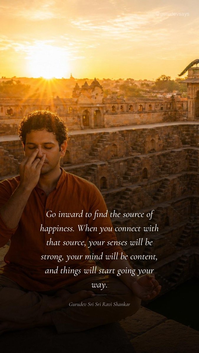 BreathWGrace's tweet photo. Go inward to find the source of happiness. When you connect with that source, your senses will be strong, your mind will be content, and things will start going your way. — @Gurudev https://t.co/jzOtlJhFFP