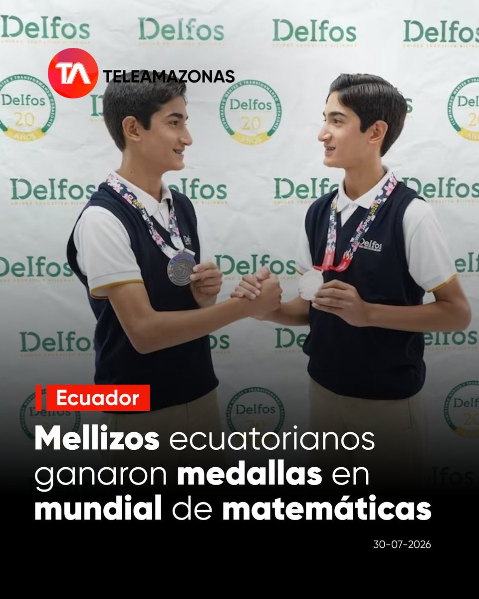 teleamazonasec's tweet photo. 🥇 https://t.co/bZJayWiYvU 👉 Orgullo tricolor. Los mellizos ecuatorianos Lucas y Martín Valcárcel brillan en Japón al obtener cuatro reconocimientos en el World Mathematics Invitational 2026. https://t.co/4aDWhcmgoV