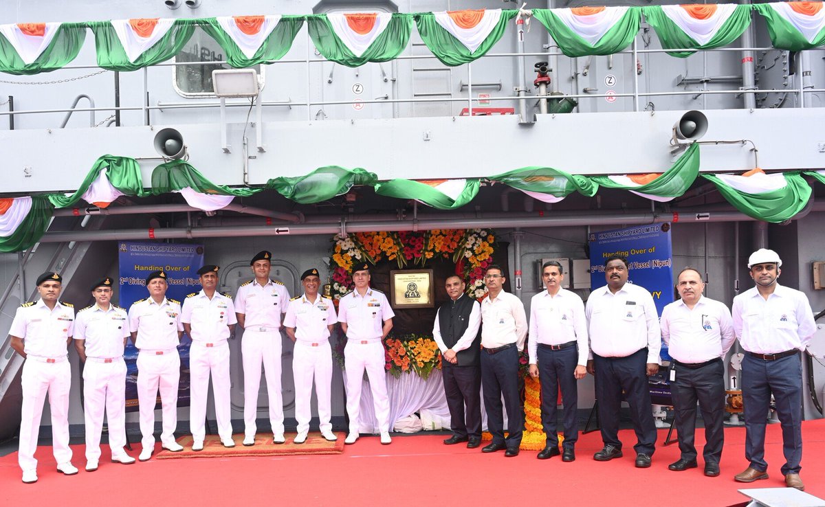 PIB_India's tweet photo. ‘Nipun’ the second Diving Support Vessel (DSV), built by Hindustan Shipyard Limited was delivered to the Indian Navy on 30 Jul 2026 at Visakhapatnam. The vessel has been designed and constructed in accordance with Classification Rules of the Indian Register of Shipping (IRS).

 ‘Nipun’ draws her name from Sanskrit signifying ‘one who is adept, capable, and well versed in a particular discipline’. True to the name, the ship is highly specialised and is capable of undertaking deep sea dive operations and rescue operations at sea.

The ship is installed with state-of-the-art Dive Equipment and has capability to undertake Deep Sea Saturation Diving. A side diving stage has also been provided for undertaking Diving Operations.

Read here: https://t.co/JLGA22vSJY

@SpokespersonMoD