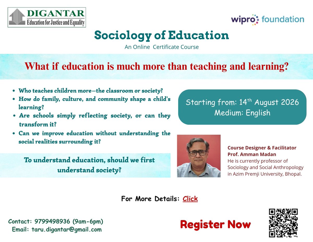 Digantar_Jaipur's tweet photo. Digantar is offering an online course.
Starting from 14th Aug., 2026. 

Details: https://t.co/AVdqNcbqfM
To Register: https://t.co/PknCaSinsv

#sociologyofeducation #education #OnlineCourses
#teachereducation #EducationForChange #LearningCommunity #SocialJusticeInEducation https://t.co/ZSfEJT4hpv