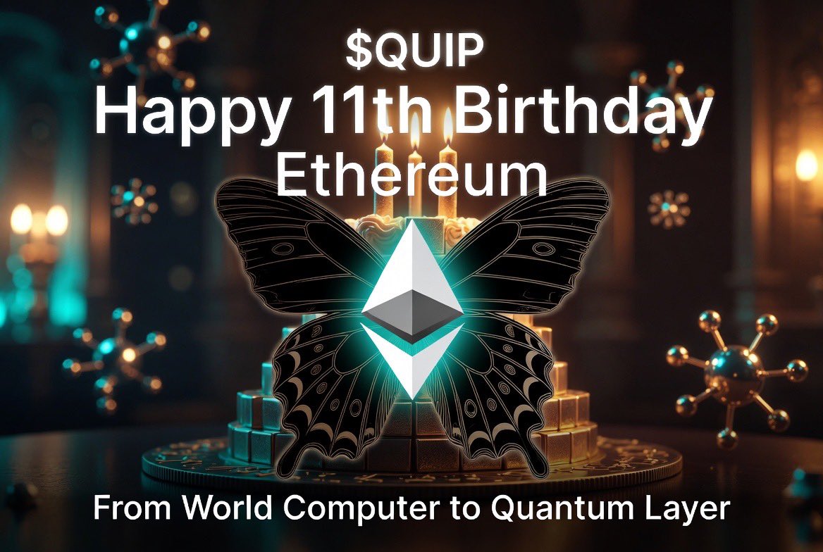 RichardD569's tweet photo. Happy 11th birthday @ethereum 🎂 
@quipnetwork celebrating the original world computer while building the next layer, decentralized quantum compute for the ecosystem.
From person to person, block to block… &amp; soon qubit to qubit. Long live the builders. ⚛️ #QuipNetwork #Ethereum https://t.co/CL3pez1Hov