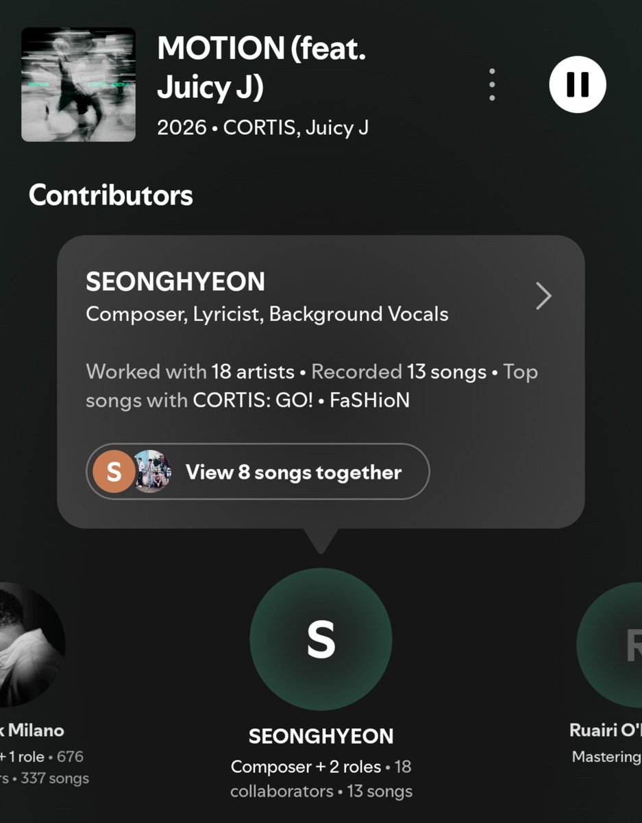 courtiouse's tweet photo. seonghyeon tuh pas awal jadi trainee gak tau harus ngapain jadi pas dia lihat para trainee lain pada working on projects kayak bikin lagu tuh dia ikutan aja gitu, dan siapa sangka sekarang anak yang baru berumur 17 tahun ini namanya semacam lengket banget di credit lagu-lagunya cortis, bahkan di motion pun sekarang namanya kembali tercantum sebagai composer lyricist dan background vocals 🥹 bener-bener music genius eom seonghyeon, so proud of you