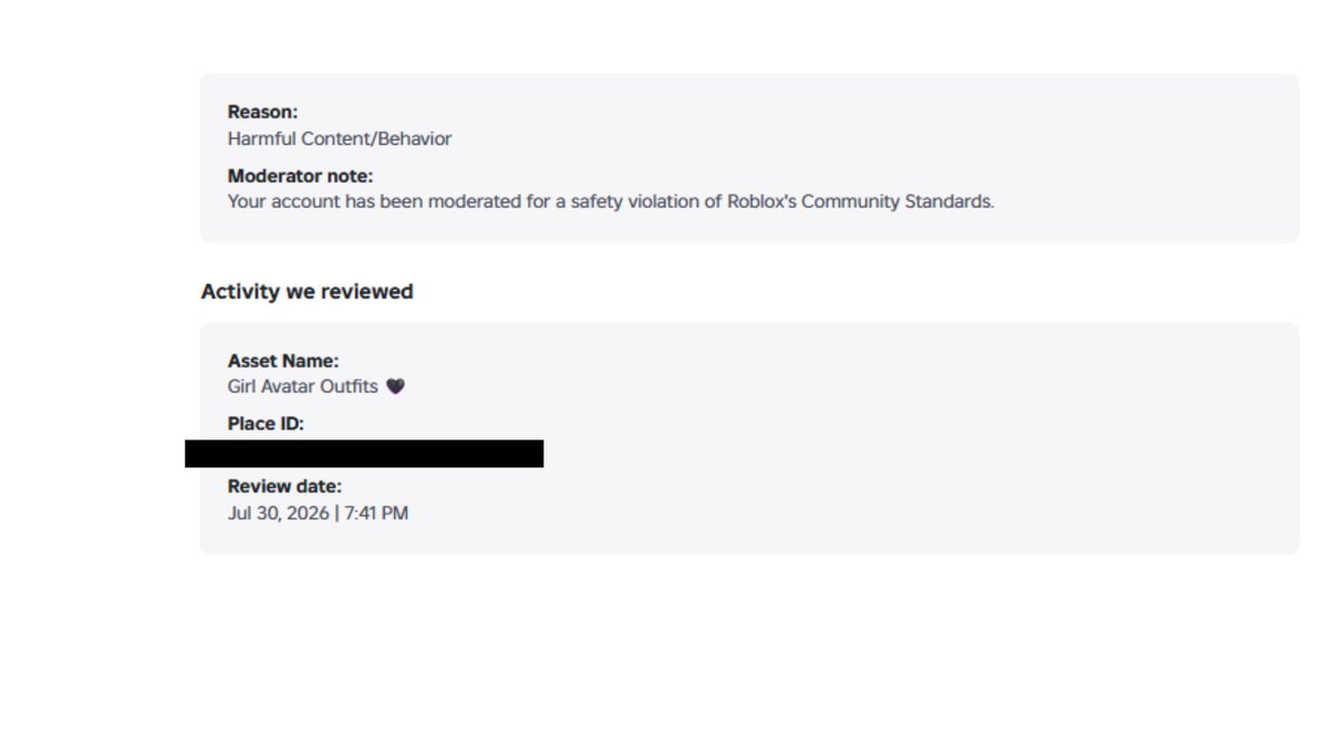 snagfrr's tweet photo. Me, along with hundreds of others had been falsely terminated on roblox for “Harmful Content/Behavior” due to owning an outfit idea related game. Its assumed that the AI moderation is responsible for all of the action  being taken on accounts.. @Roblox please help. https://t.co/tTHQHo9Mjq