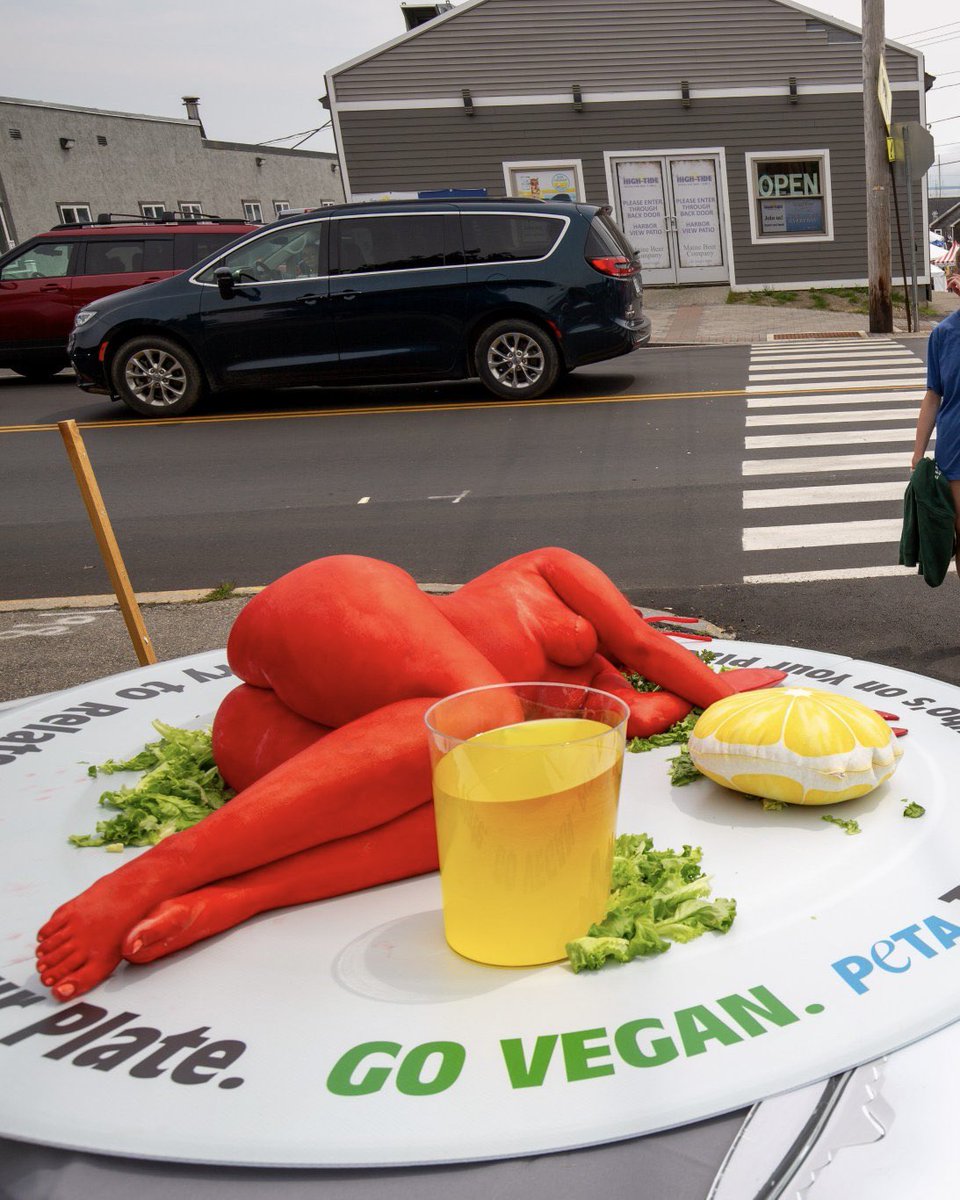 Complex's tweet photo. PETA took its message to Maine’s lobster festival with a dramatic protest stunt, having a woman dress as a lobster and lay on a plate in front of festivalgoers. 

The group called eating lobsters ‘extremely cruel and unnecessary’ and urged people to go vegan.

[📸: via/ PETA, WGME13]