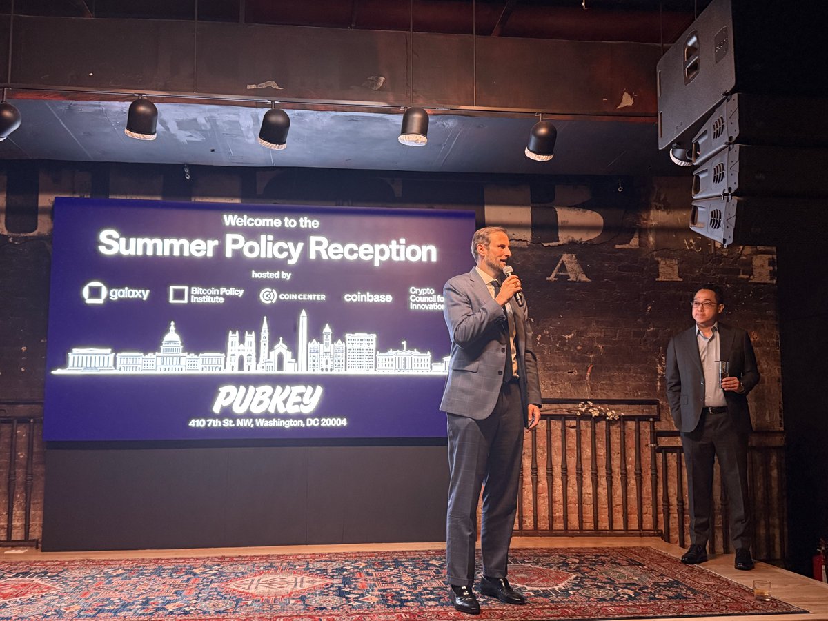intangiblecoins's tweet photo. sec chairman paul atkins toasting departing commissioner hester peirce, followed by patrick witt talking about the CLARITY act @PubKey https://t.co/asoZ31exWn