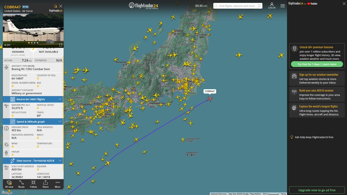 AIYeyENGDdJkjTr's tweet photo. July 31, 2026
#Okinawa Kadena Air Base ==> #Anchorage Elmendorf Air Force Base
#COBRA47 #AE01D4 RC-135U Combat Sent https://t.co/D8tZ8g5M4t